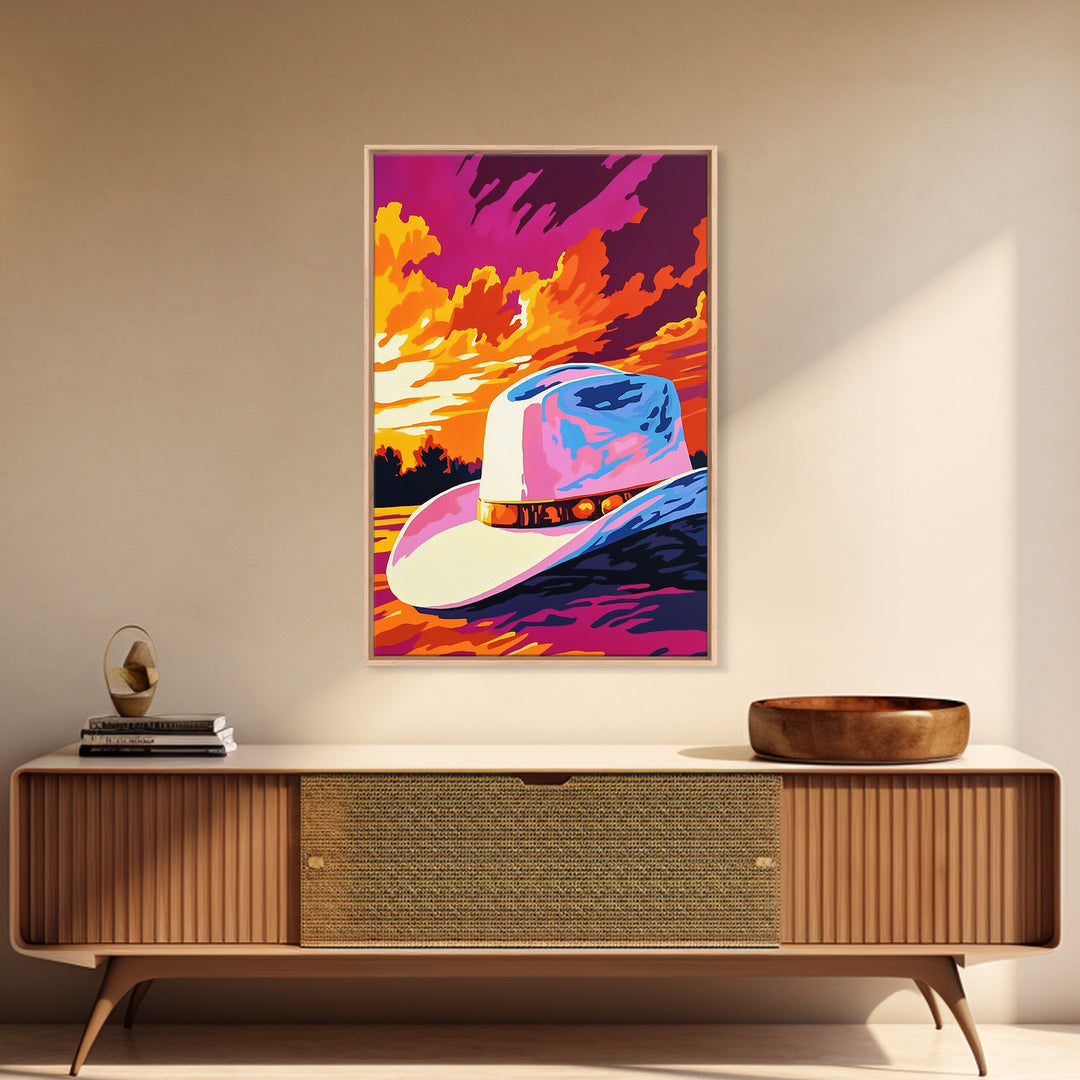 Cowboy Hat, Sunset Art, Rustic Wall Art, Pink Orange Wall Art, Canvas Print, Western Decor, Farmhouse Art, Above Couch Art