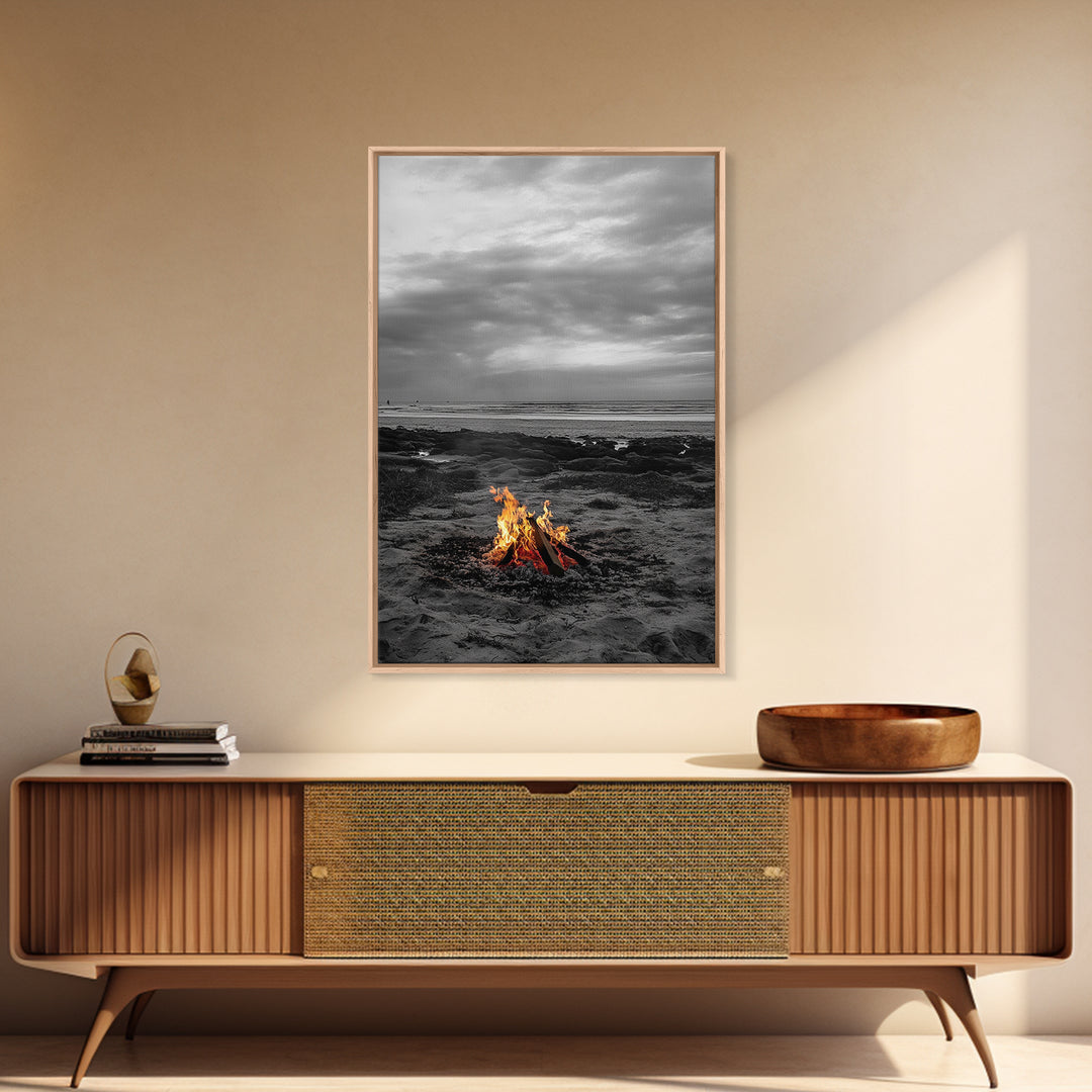 Beach bonfire, coastal art, ocean sunset, framed canvas print, nautical decor, seascape painting, cozy fire, moody beach art, fall vibes