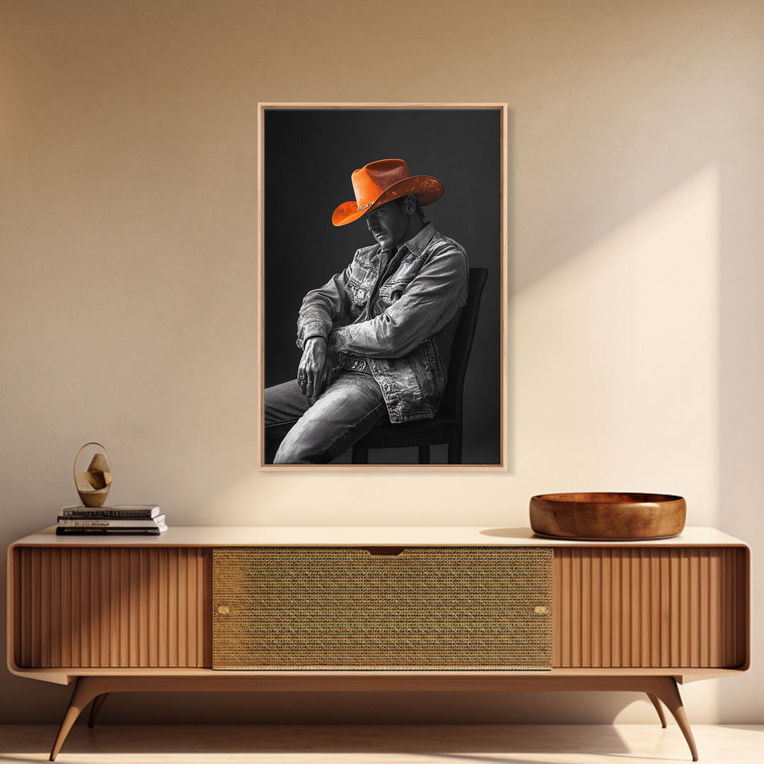 Cowboy portrait, rustic art, western style, framed canvas print, country decor, cowboy hat, moody photography, black and white wall art