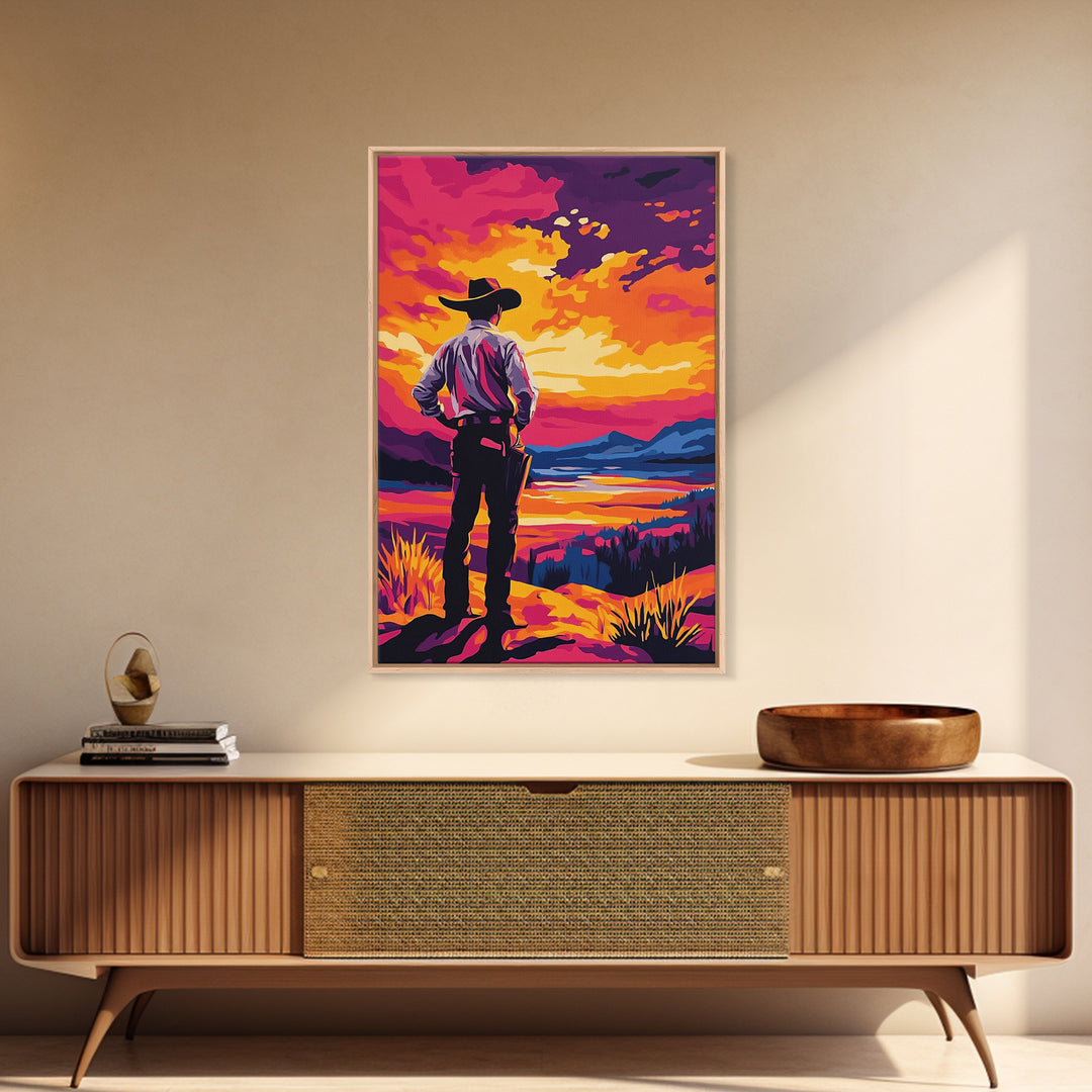 Cowboy at Sunset, pink orange wall art, Joshua tree art, southwest wall art, framed canvas print, landscape painting, moody art