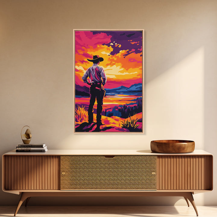 Cowboy at Sunset, pink orange wall art, Joshua tree art, southwest wall art, framed canvas print, landscape painting, moody art