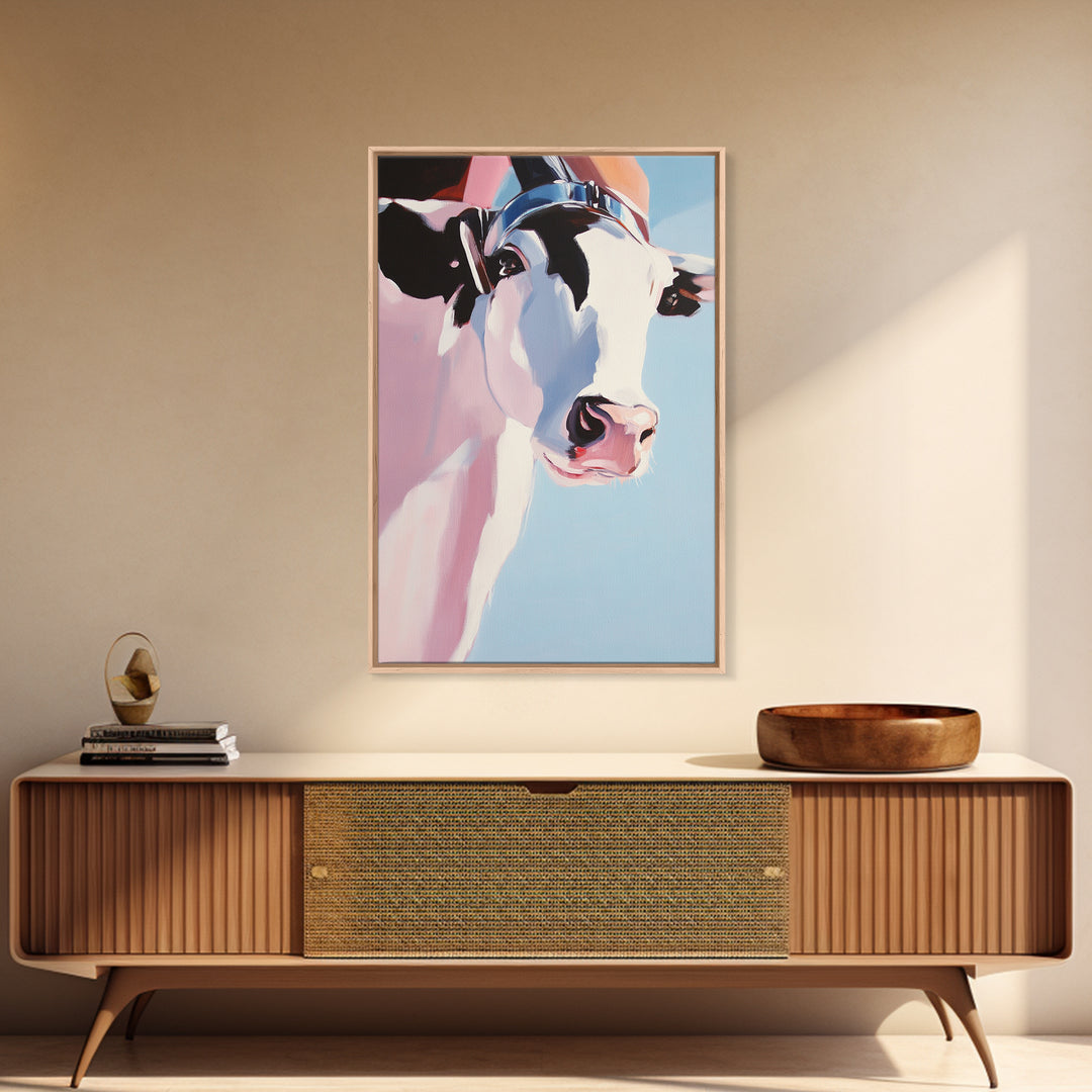 Cow with Hat, farmhouse art, black cowgirl painting, rustic decor, framed canvas print, whimsical art, light pink wall art