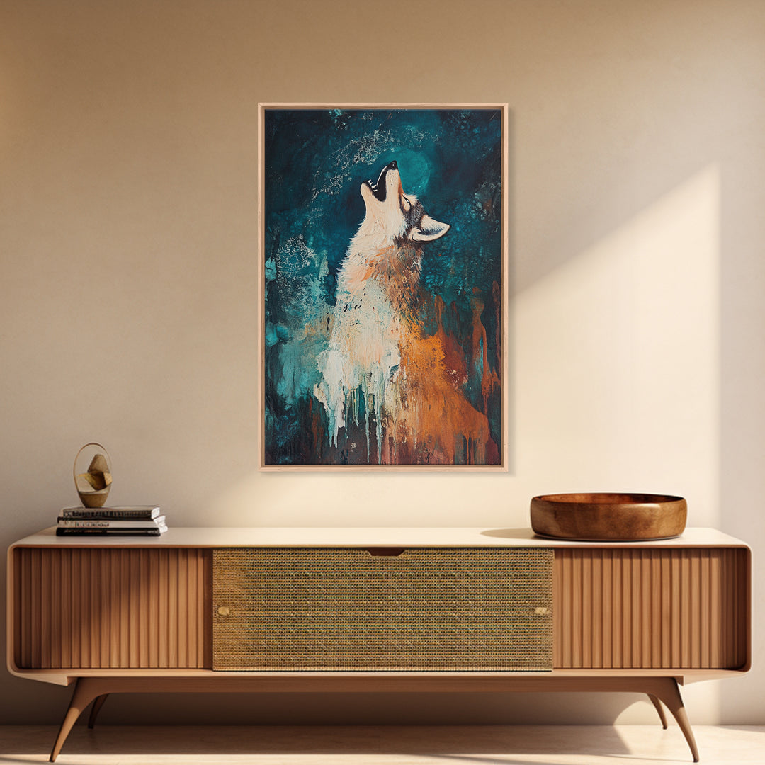 Abstract Wolf, howling at moon, moody blue tones, modern rustic art, wildlife painting, framed canvas print, dark romance painting
