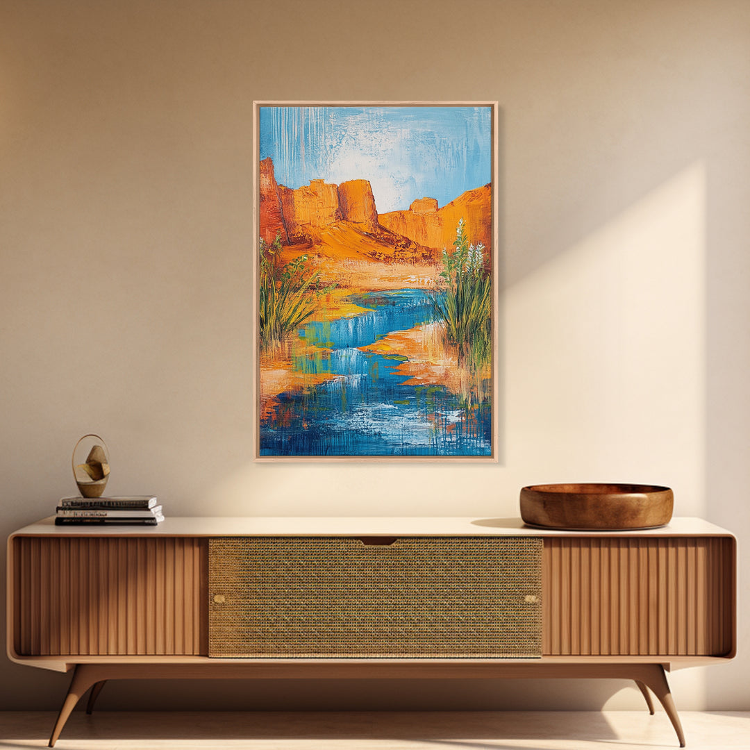 Desert Oasis, vivid landscape, blue water, rustic nature art, warm tones, panoramic painting, framed canvas print, southwest wall art