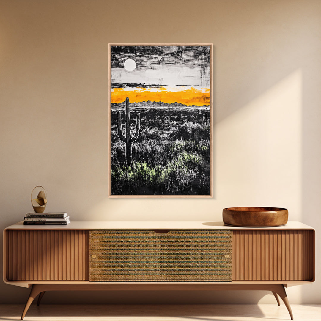 Cactus Sunset, black and white, moody desert art, yellow skyline, Joshua tree art, framed canvas print, extra wide art, rustic decor