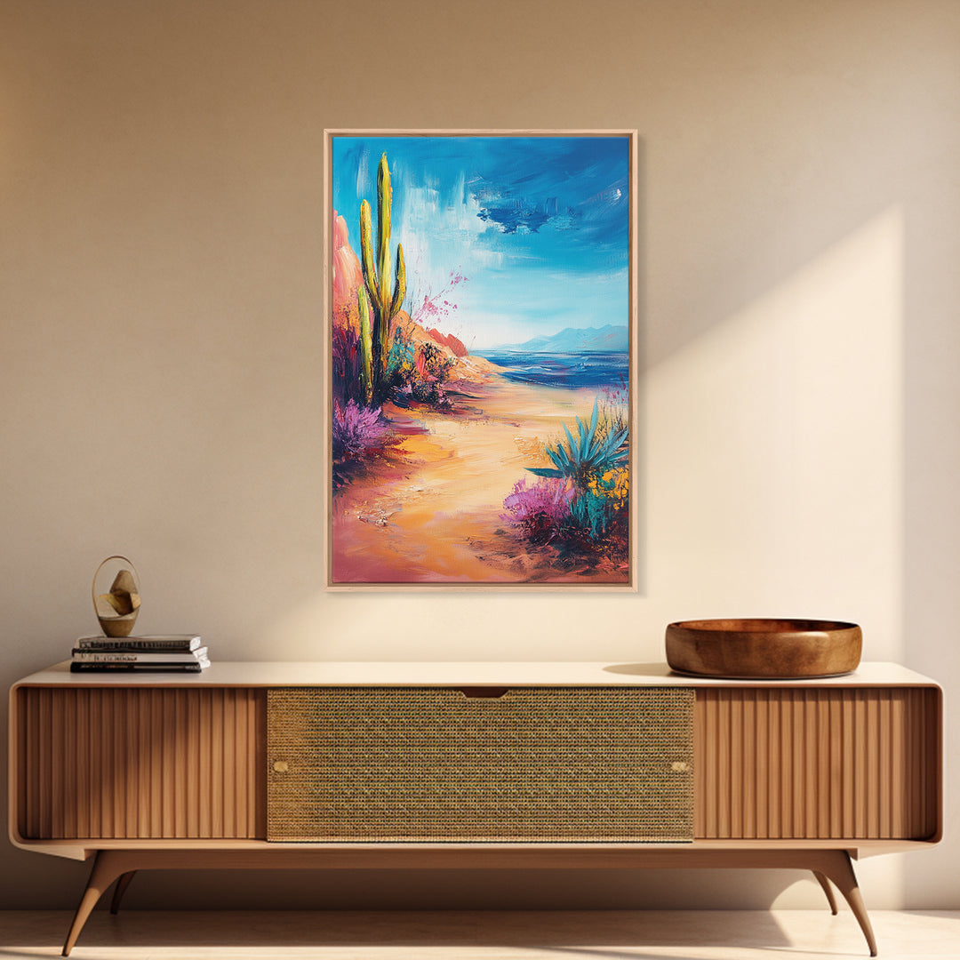 Beach Cactus, coastal landscape, vibrant colors, blue sky, desert meets sea, framed canvas print, coastal cowgirl wall art, boho art