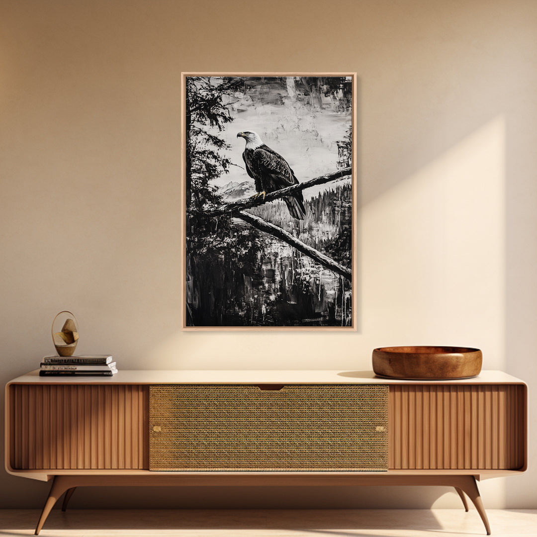Bald Eagle, majestic bird, black and white, rustic decor, wildlife painting, nature art, framed canvas print, farmhouse wall art