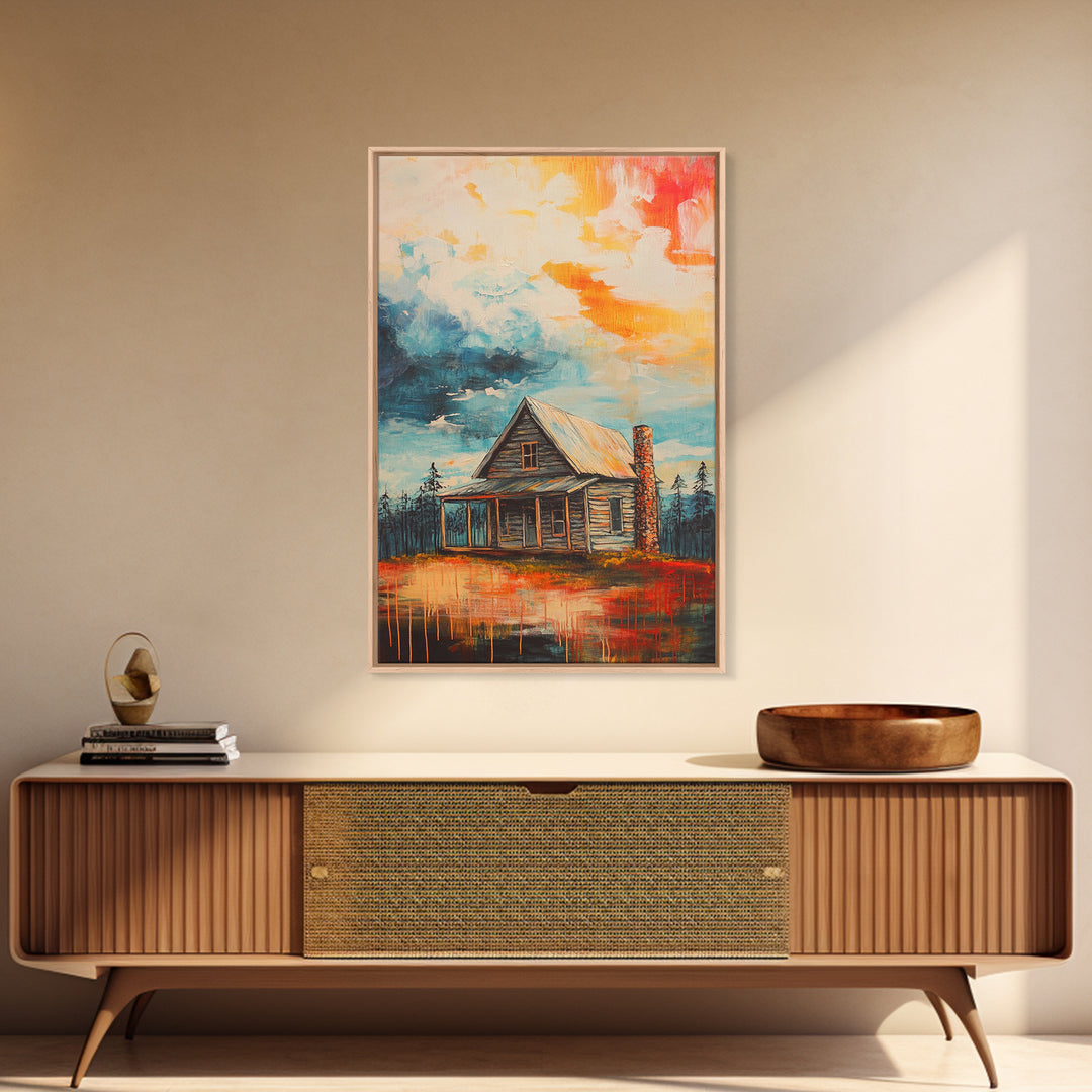 Cabin Painting, Autumn Landscape, Framed Canvas Print, rustic decor, mountain painting, landscape painting, smoky mountain art, extra wide art