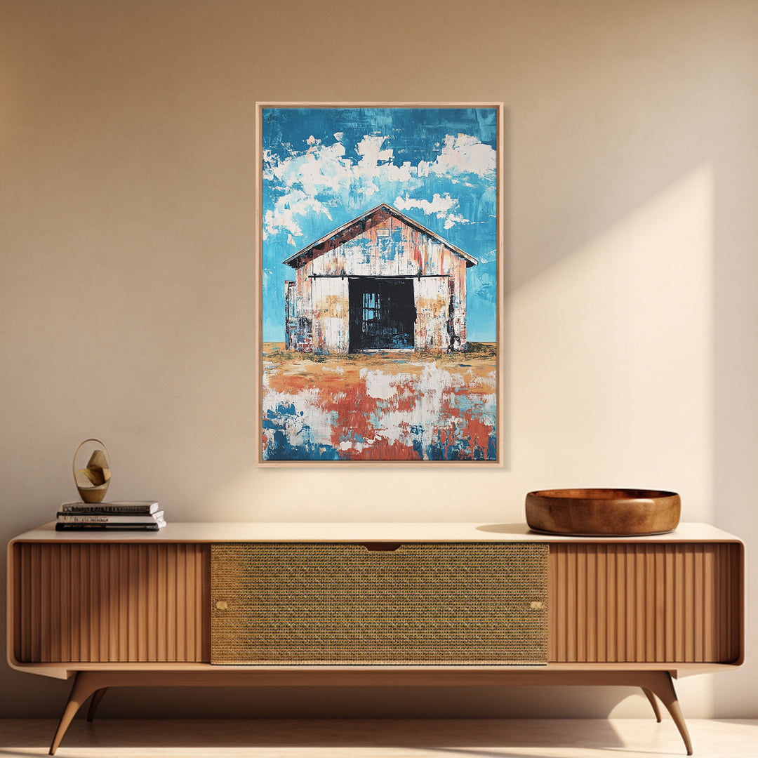 Rustic Barn, farmhouse art, landscape painting, blue and green wall art, extra wide art, panoramic art, Framed Canvas Print