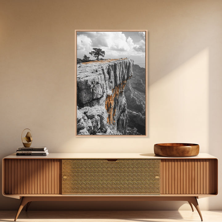 Cliffside View, Mountain Painting, Pine Tree Art, Nature Wall Art, Landscape Painting, Rustic Art, Framed Canvas Print, Moody Art