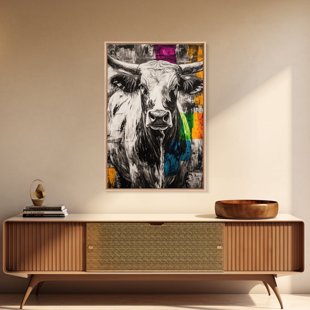 Black and White Cow, rustic art, farmhouse art, bull and bear art, southwest wall art, abstract animal painting, Framed Canvas Print