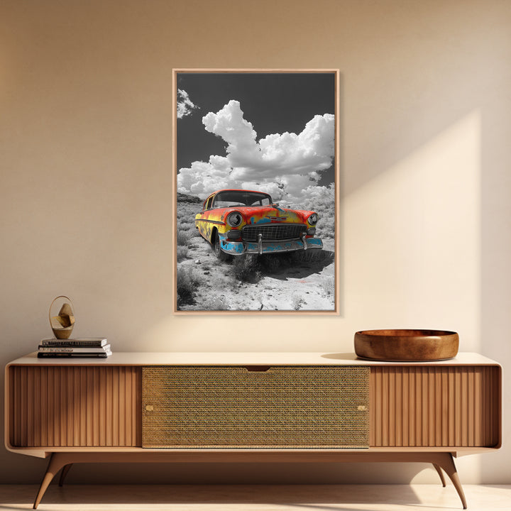 Vintage Car, Custom Car Painting, Graffiti Wall Art, Rustic Art, Old Car Scene, Moody Art, Framed Canvas Print, Landscape Art