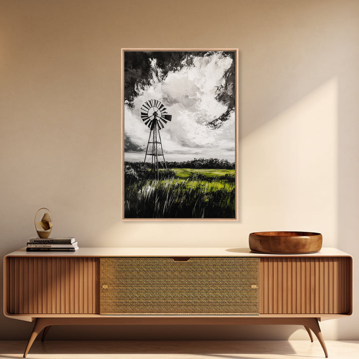 Black and White Windmill, windmill wall art, rustic decor, farmhouse art, landscape painting, framed canvas print, above bed wall art