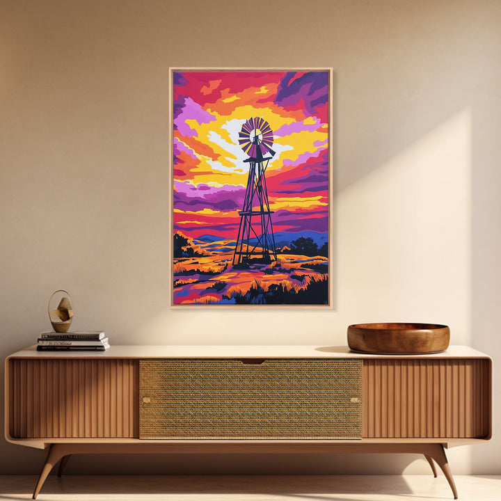 Vibrant Windmill Sunset, pink orange wall art, windmill wall art, rustic art, farmhouse art, canvas print, above couch art, gift idea for her