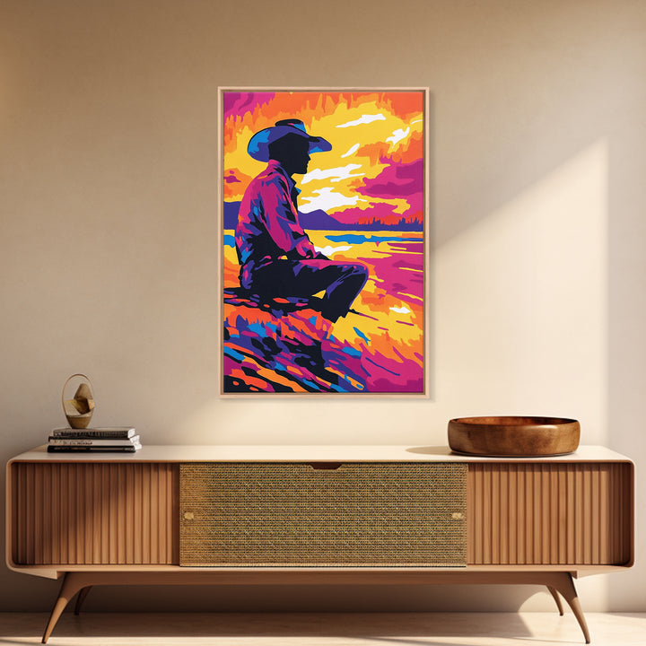 Cowboy Silhouette Sunset, southwest wall art, rustic decor, boho art, western art, pink orange wall art, canvas print, gift idea for him