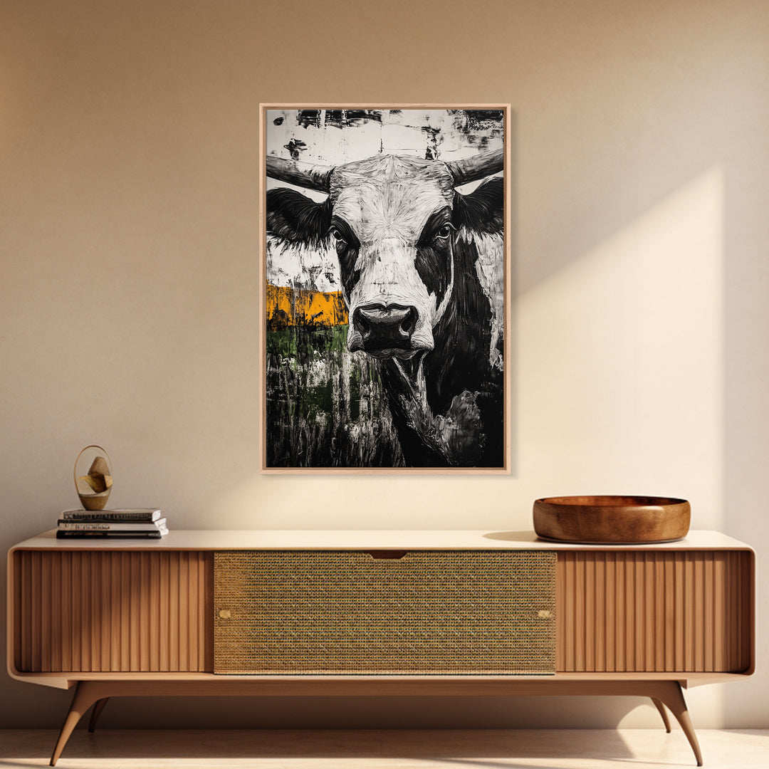 Black and White Bull, bull and bear art, rustic wall art, farmhouse art, moody art, framed canvas print, above couch art, gift idea for him