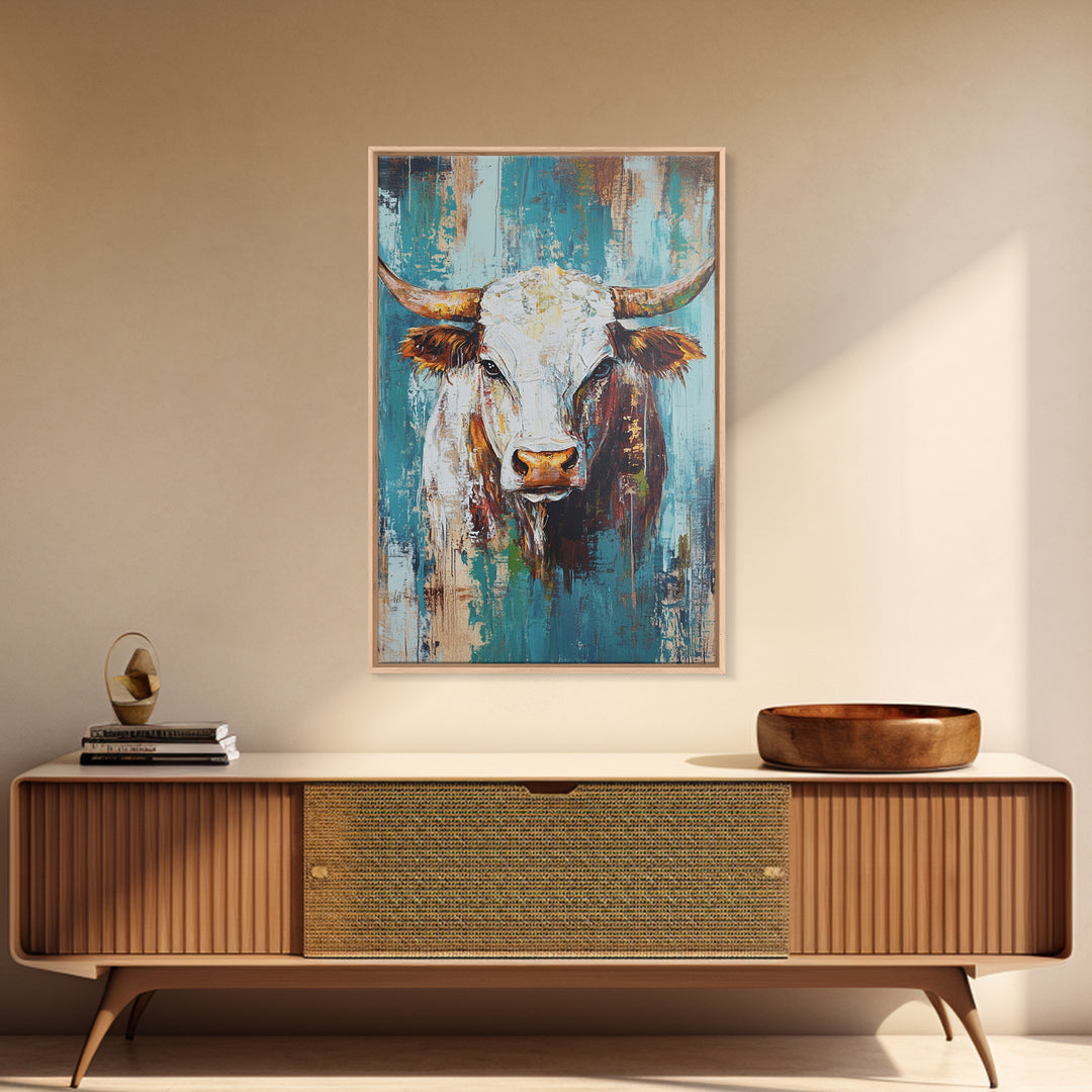 Rustic Cow Portrait, farmhouse art, rustic wall art, blue and green wall art, textured oil painting, canvas print, gift idea, wabi sabi art