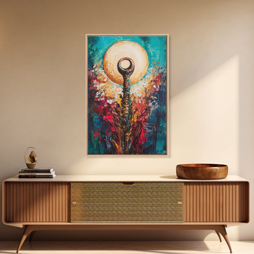 Sacred Symbol Artwork, sacred geometry wall art, abstract energy art, teal wall art, mystical artwork, framed canvas print, boho art, moody art