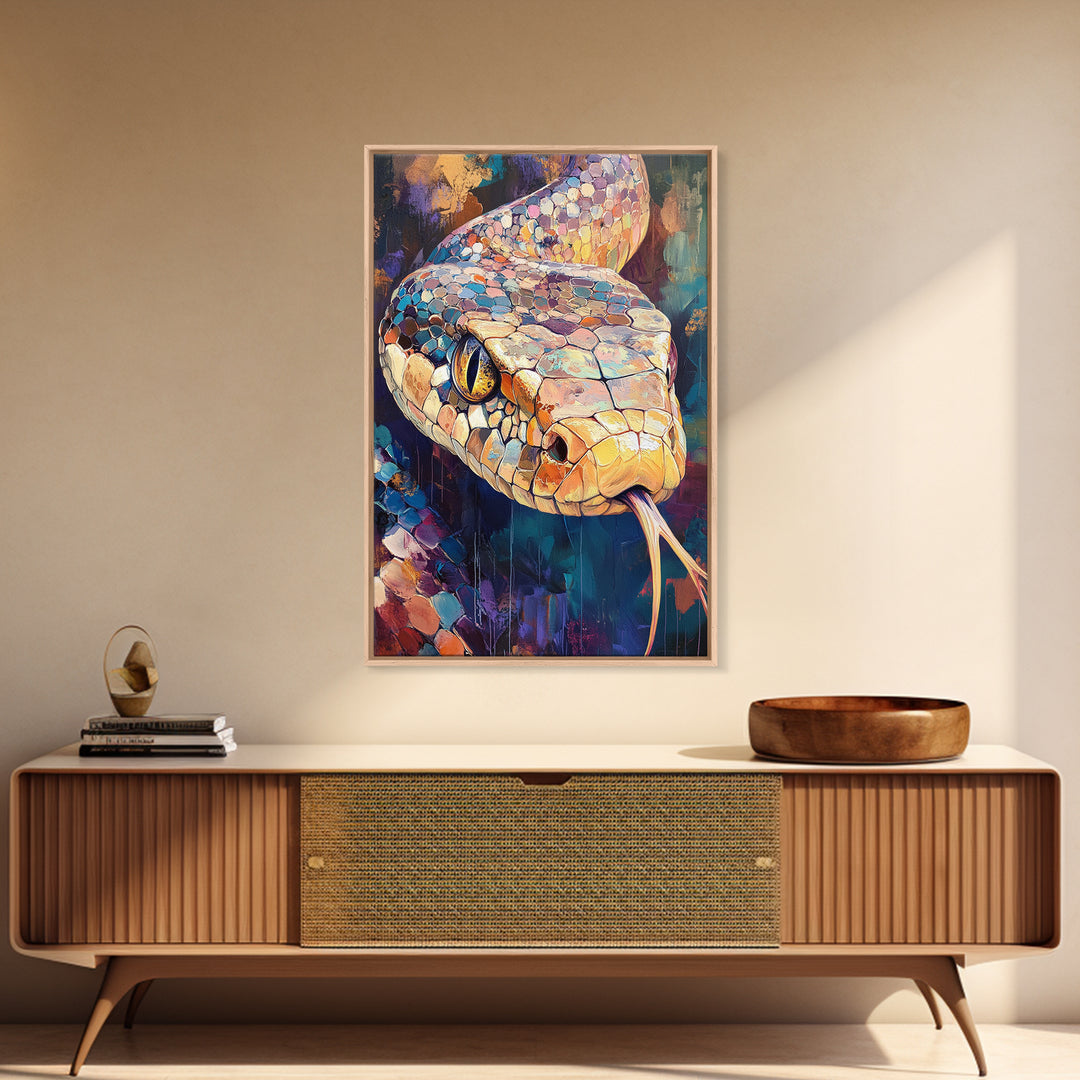 Moody Snake Art, Abstract Wildlife Painting, Colorful Serpent, Southwest Decor, Rustic Art, Framed Canvas Print, Unique Gift