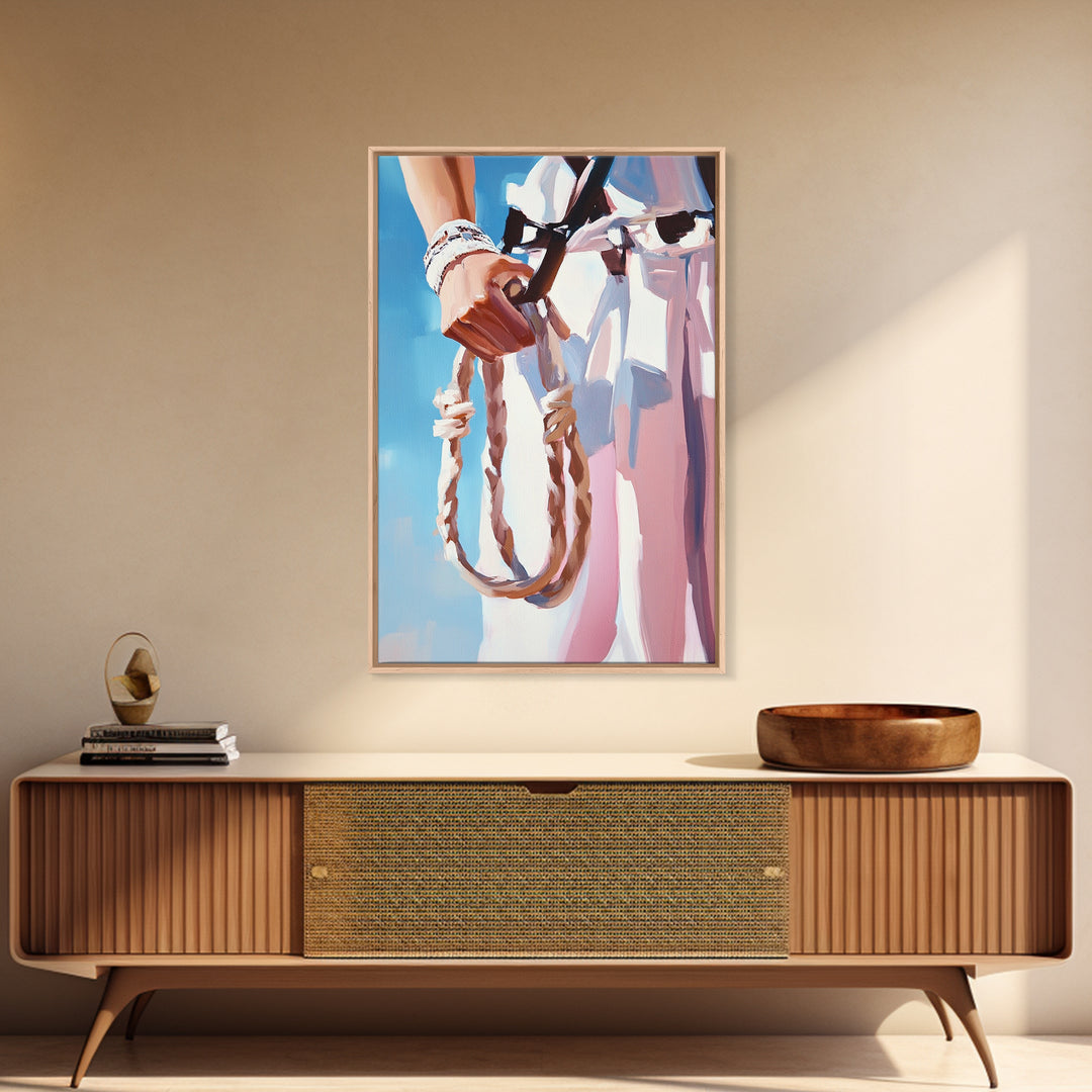 Cowgirl Holding Rope, Black Cowgirl Painting, Framed Canvas Print, Rustic Decor, Western Art, Feminine Art, Light Pink Wall Art