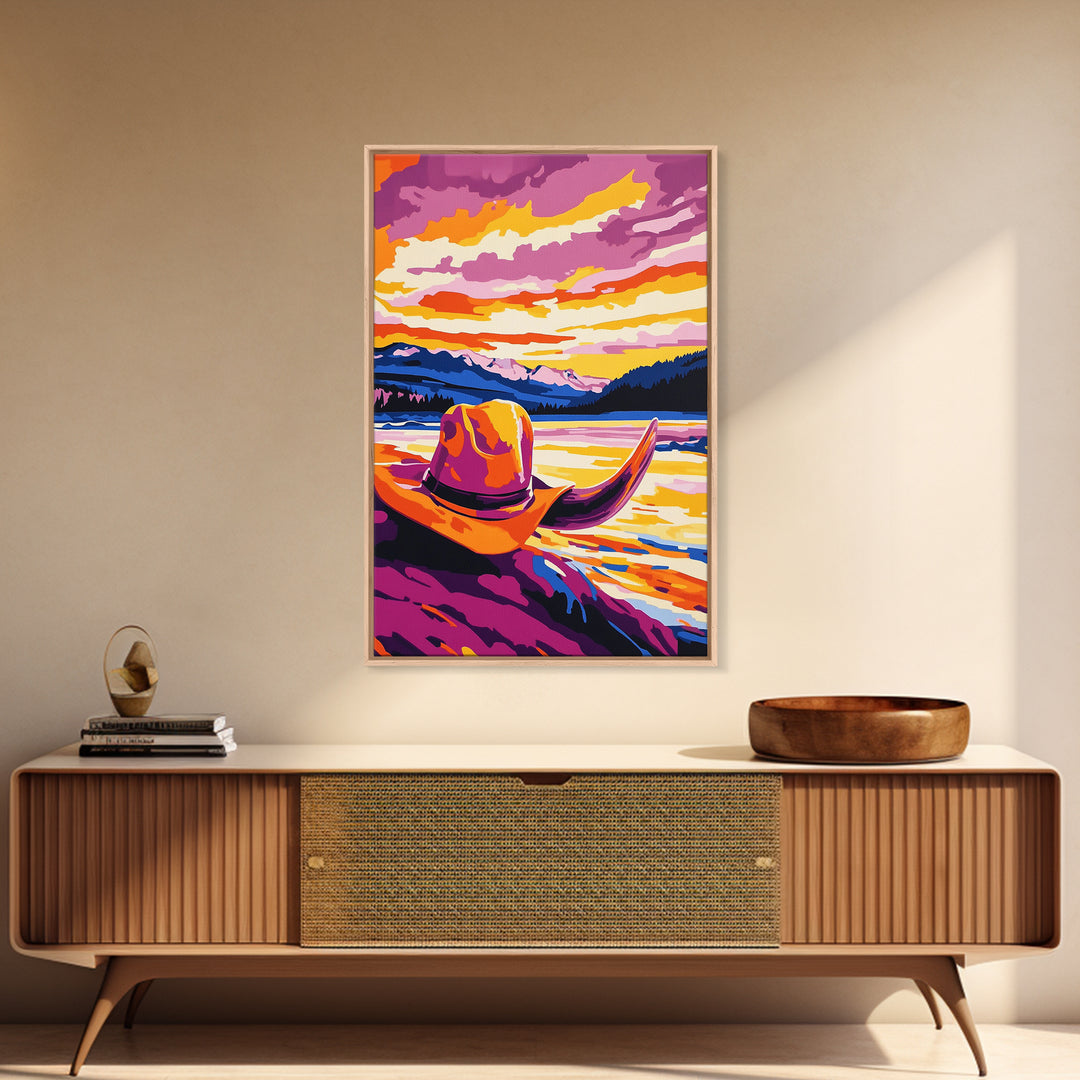 Cowgirl hat landscape, cowboy decor, rustic wall art, boho art, pink orange wall art, framed canvas print, western wall art, above bed art