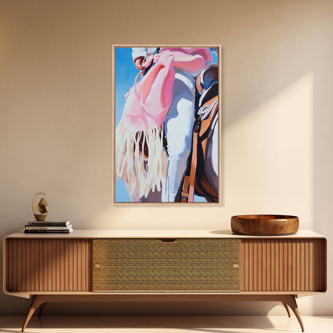 Cowgirl riding gear, western wall art, rustic decor, pink orange wall art, framed canvas print, cowboy decor, southwest wall art