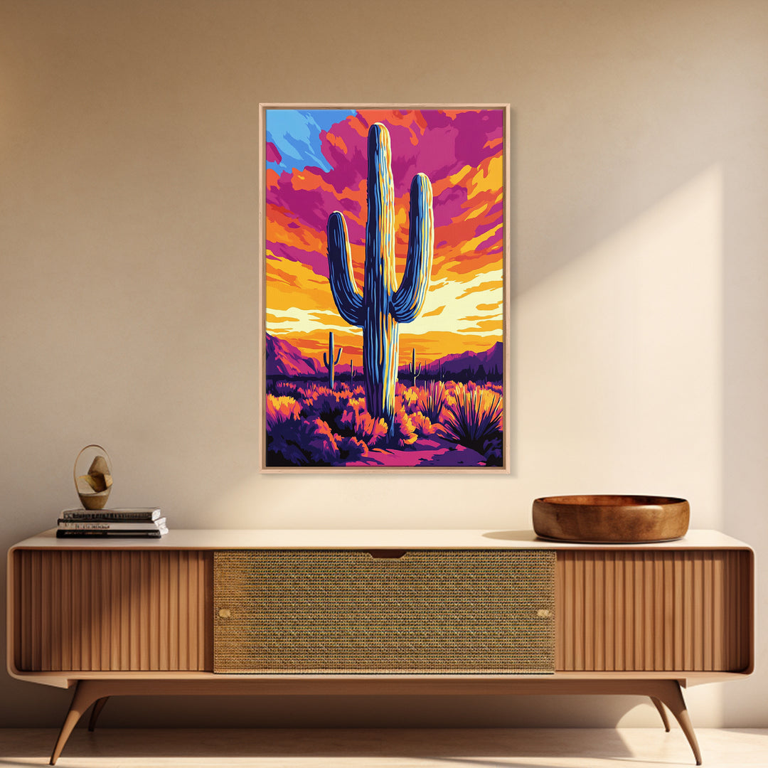 Saguaro Cactus, Desert Sunset, Vibrant Landscape, Southwest Wall Art, Canvas Print, Extra Wide Art, Rustic Decor, Joshua Tree Art