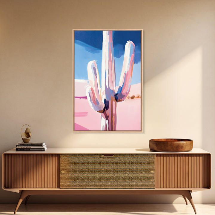 Abstract Cactus, Pastel Desert, Minimalist Landscape, Southwest Wall Art, Canvas Print, Vertical Wall Art, Boho Art, Light Pink Wall Art