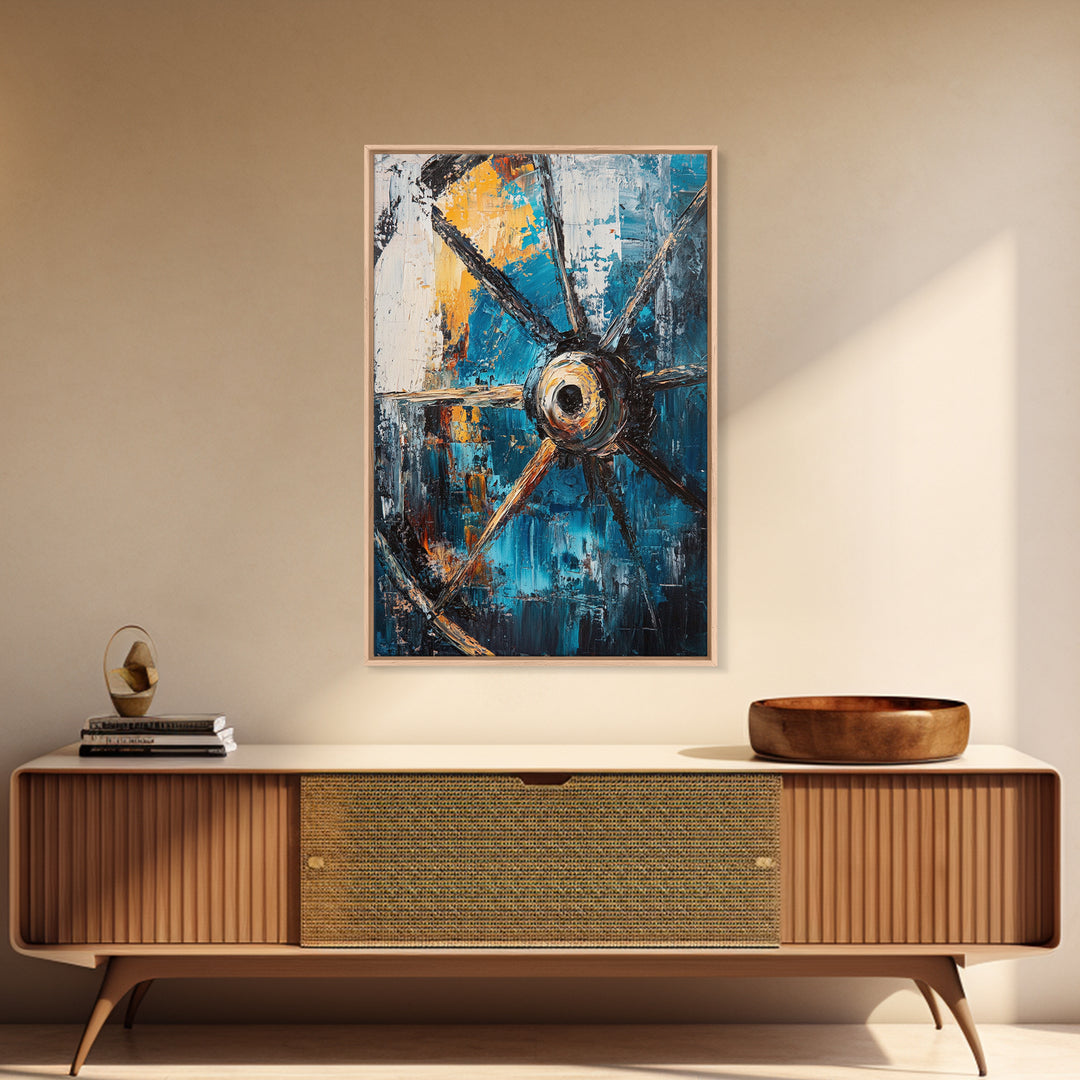 Abstract Wagon Wheel, Teal Wall Art, Rustic Art, Framed Canvas Print, Moody Aesthetic, Boho Decor, Farmhouse Art, Gift Idea