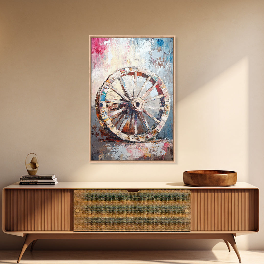 Abstract Rustic Wheel, Mosaic Wall Art, Teal Wall Art, Framed Canvas Print, Southwest Aesthetic, Moody Art, Farmhouse Decor, Gift Idea