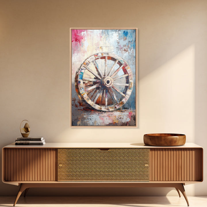 Abstract Rustic Wheel, Mosaic Wall Art, Teal Wall Art, Framed Canvas Print, Southwest Aesthetic, Moody Art, Farmhouse Decor, Gift Idea