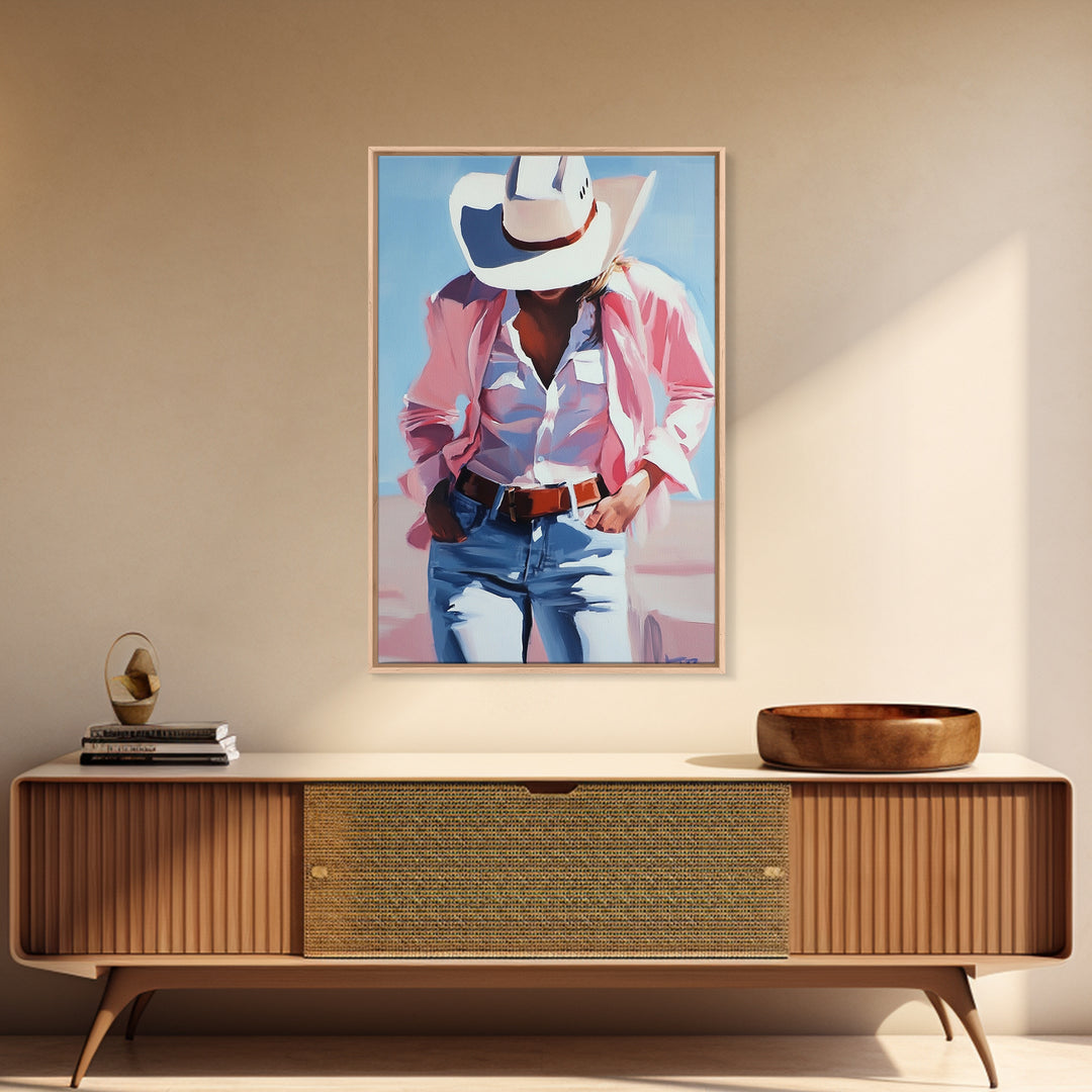 Cowgirl Painting, Coastal Cowgirl Wall Art, Western Decor, Framed Canvas Print, Rustic Aesthetic, Light Pink Wall Art, Gift Idea
