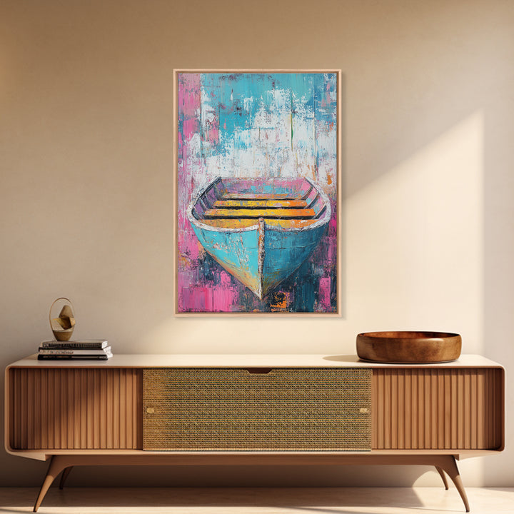 Blue Rowboat Painting, Nautical Painting, Coastal Wall Art, Rustic Decor, Extra Wide Art, Canvas Print, Farmhouse Art, Moody Art