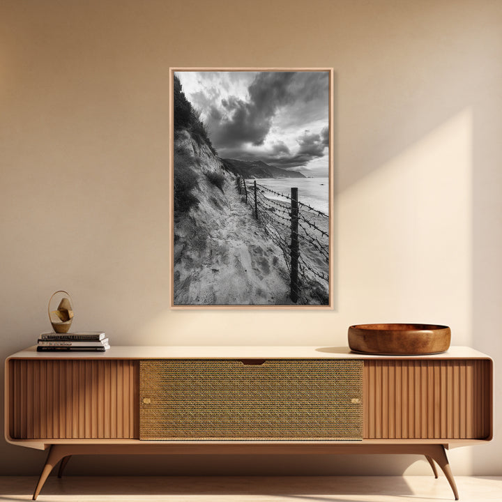 Coastal Path, stormy beach, dramatic sky, coastal wall art, black and white, framed canvas print, moody landscape, nautical decor