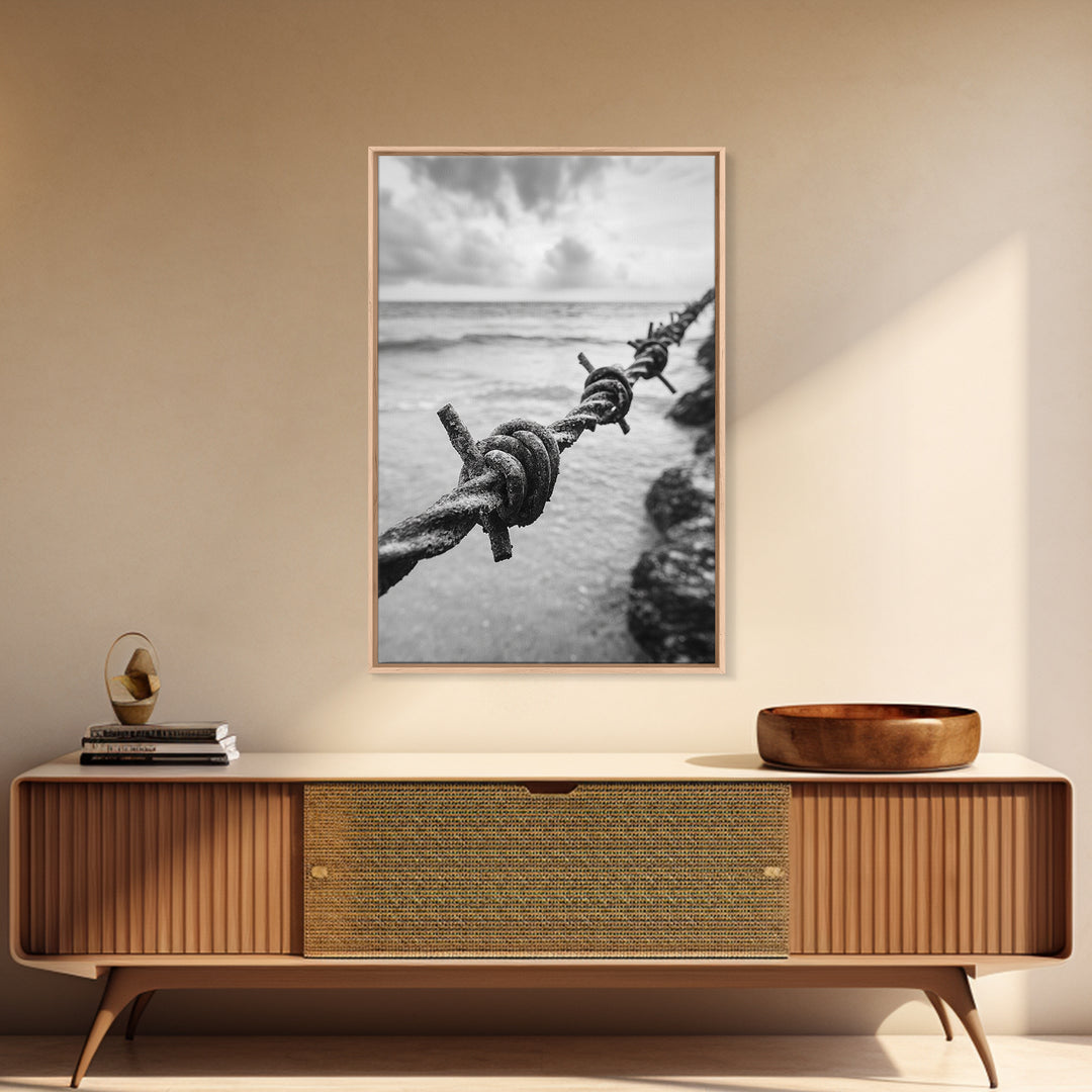 Barbed Wire, ocean view, rustic decor, coastal cowgirl wall art, wabi sabi art, moody photography, framed canvas print, minimalist art