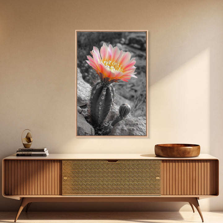 Blooming cactus, botanical print, desert flora, framed canvas print, nature decor, succulent wall art, pink flowers, southwest painting