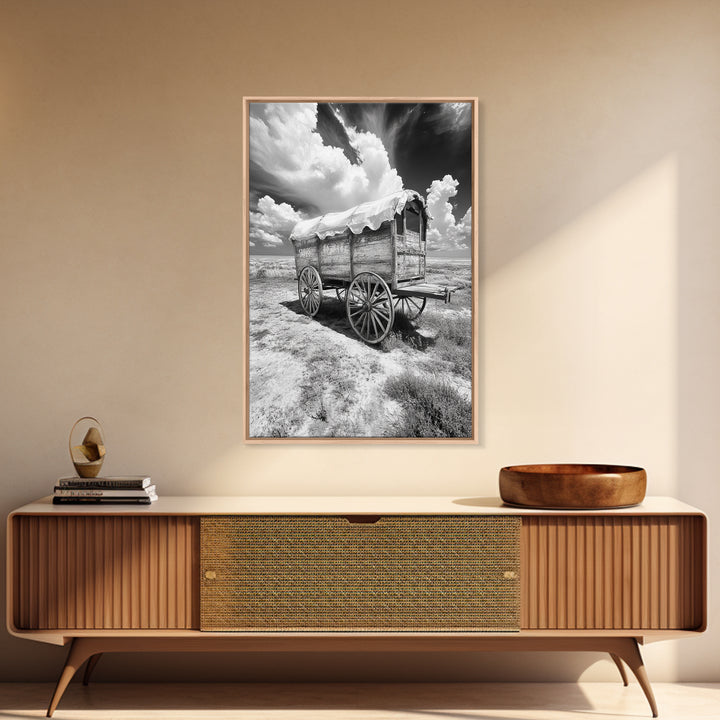 Covered wagon photography, rustic decor, framed canvas print, southwest wall art, farmhouse art, western aesthetic, black and white photography