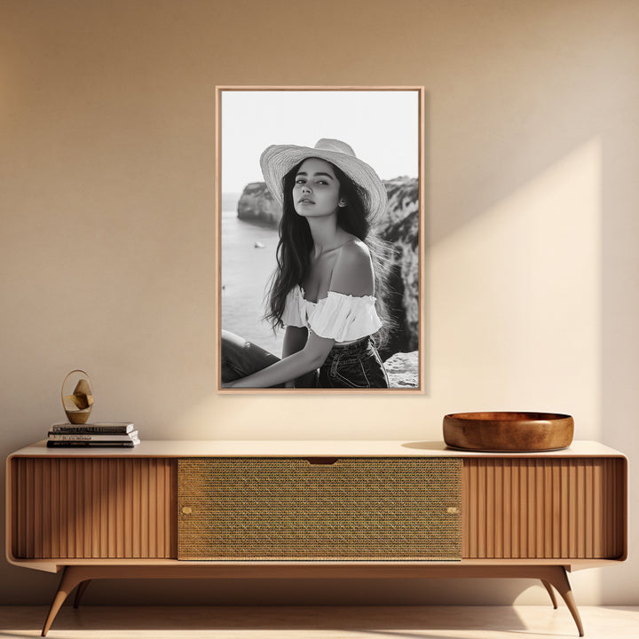 Coastal cowgirl wall art, boho art, framed canvas print, ocean photography, rustic decor, beach aesthetic, seascape painting, black and white art