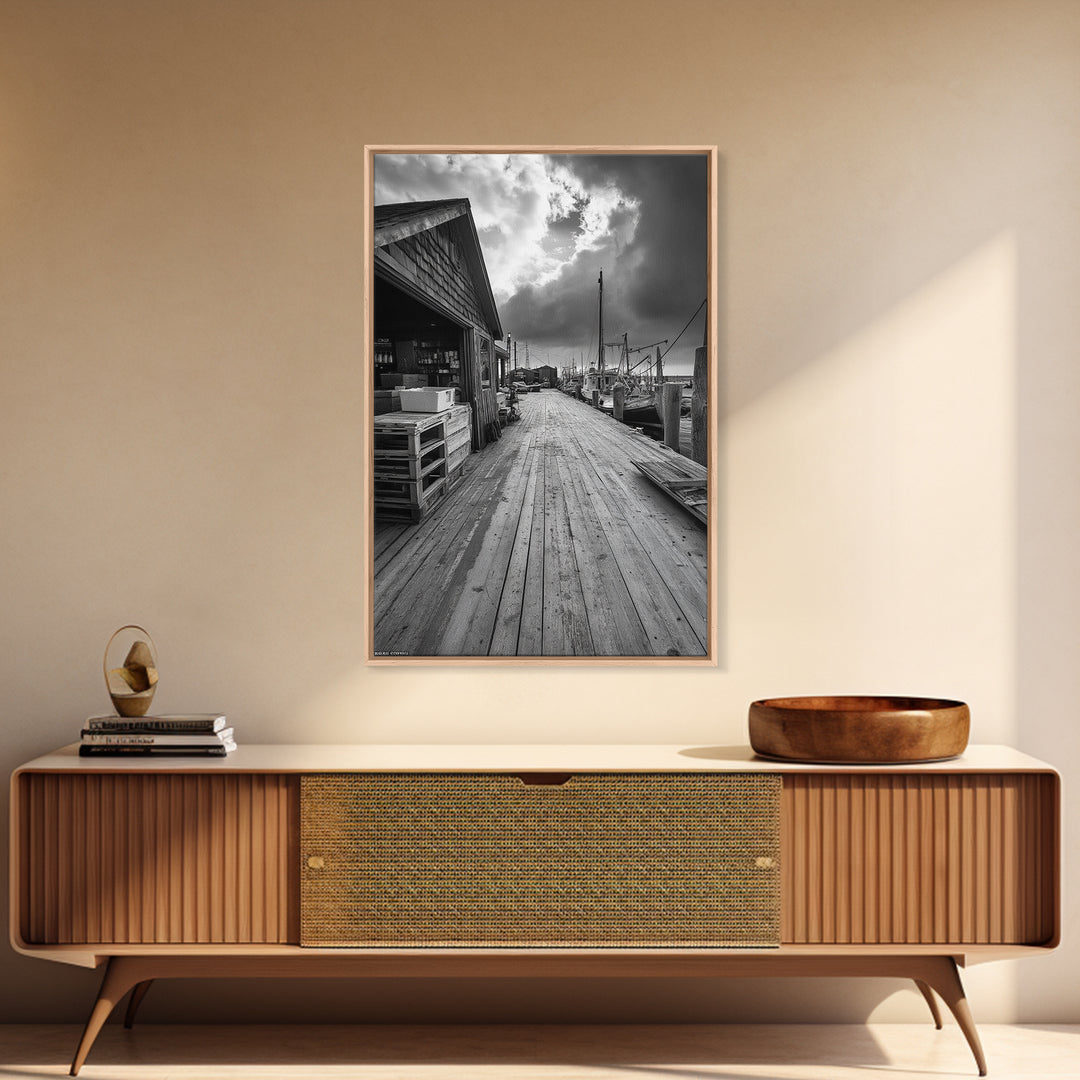 Fishing Dock, coastal decor, nautical wall art, seascape painting, rustic wall art, Nantucket painting, framed canvas print, horizontal art