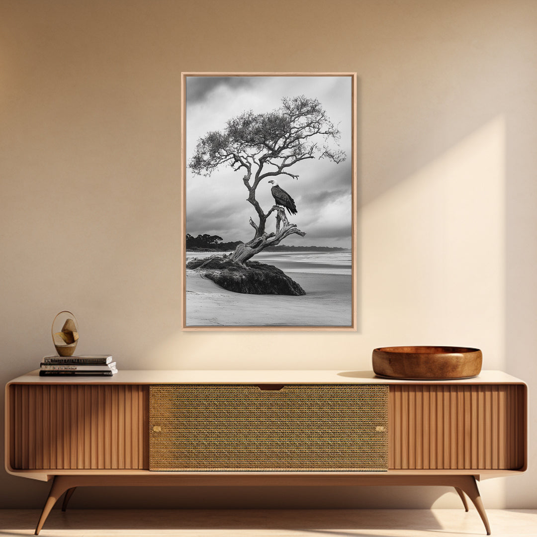 Bald eagle, nature wall art, moody art, wildlife photography, tree art, black and white art, above bed wall art, framed canvas print