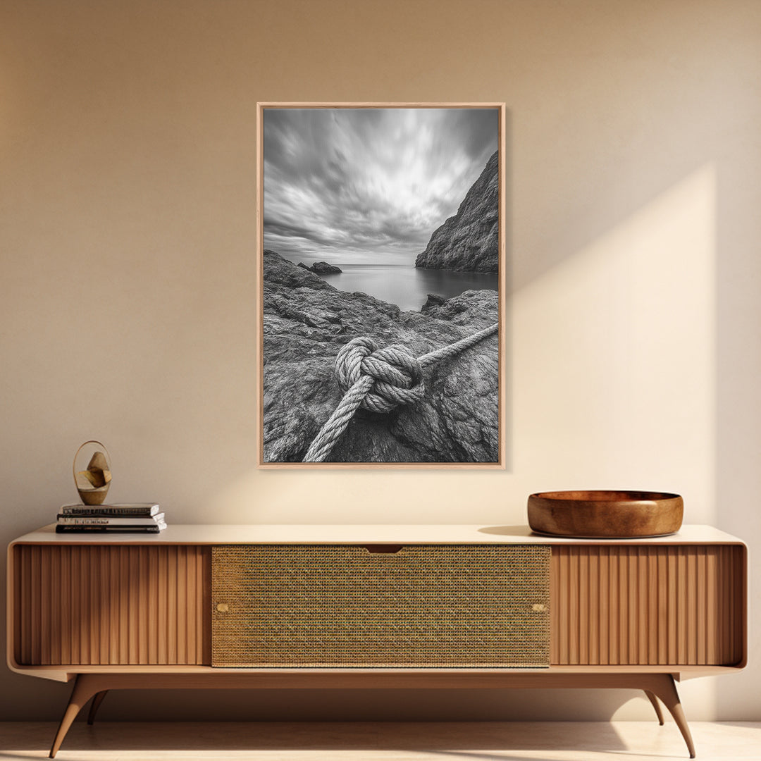 Nautical art, rope knot, coastal decor, moody art, wabi sabi art, rustic photography, living room art, canvas print, panoramic wall art