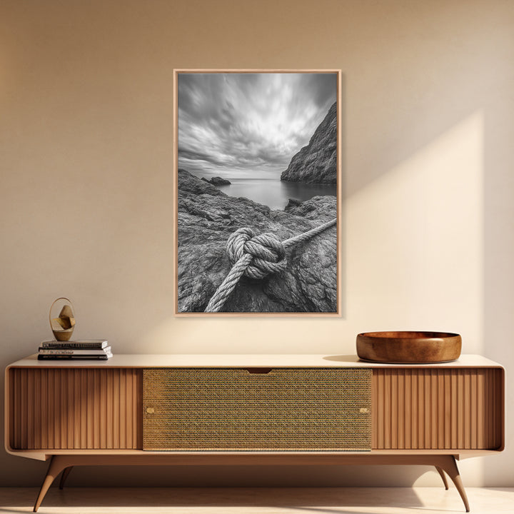 Nautical art, rope knot, coastal decor, moody art, wabi sabi art, rustic photography, living room art, canvas print, panoramic wall art