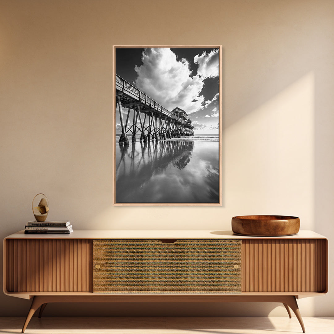 Pier reflection, seascape painting, nautical decor, rustic wall art, black and white photography, extra wide art, framed canvas print