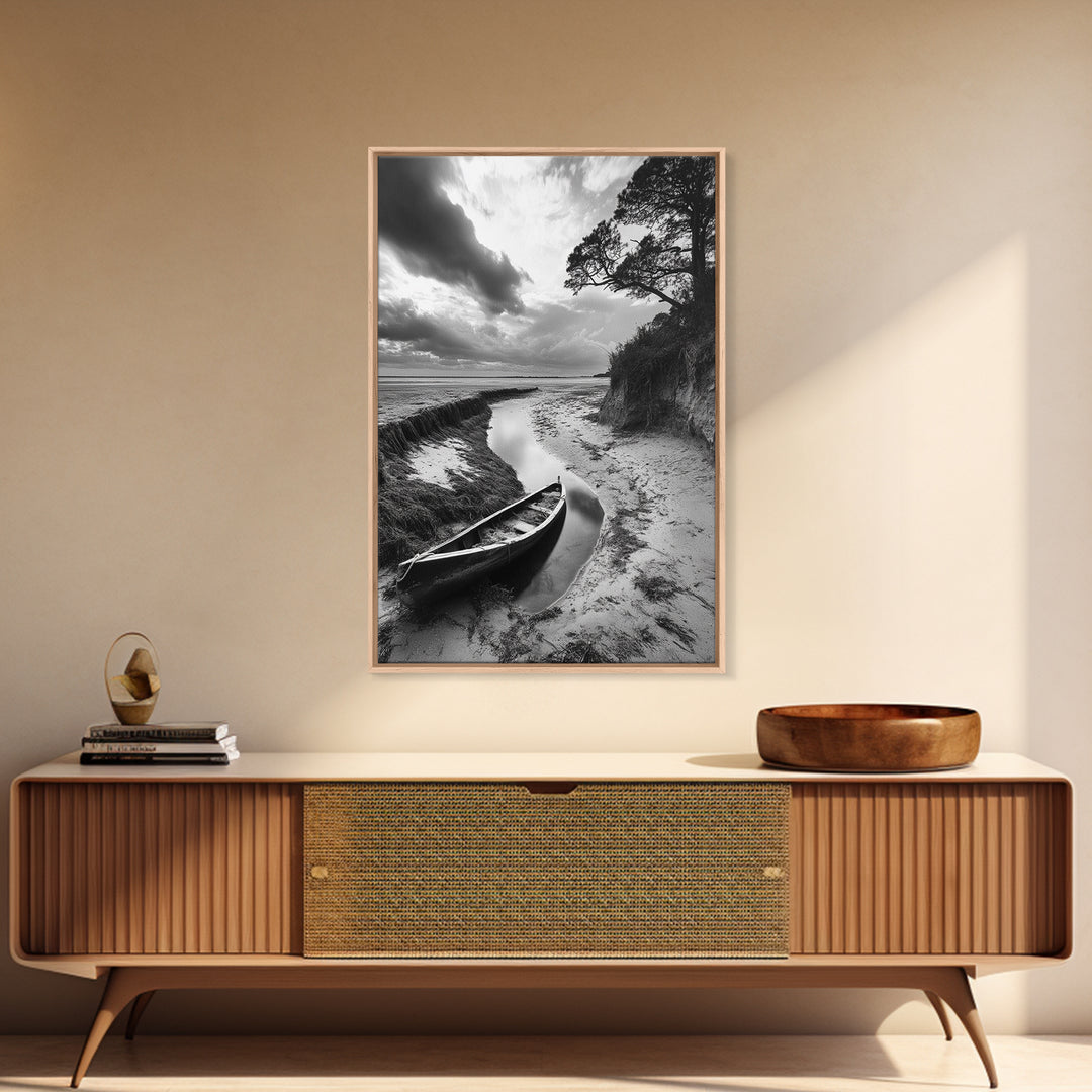 Abandoned boat, coastal decor, moody art, wabi sabi wall art, nature photography, nautical art, black and white wall art, canvas print