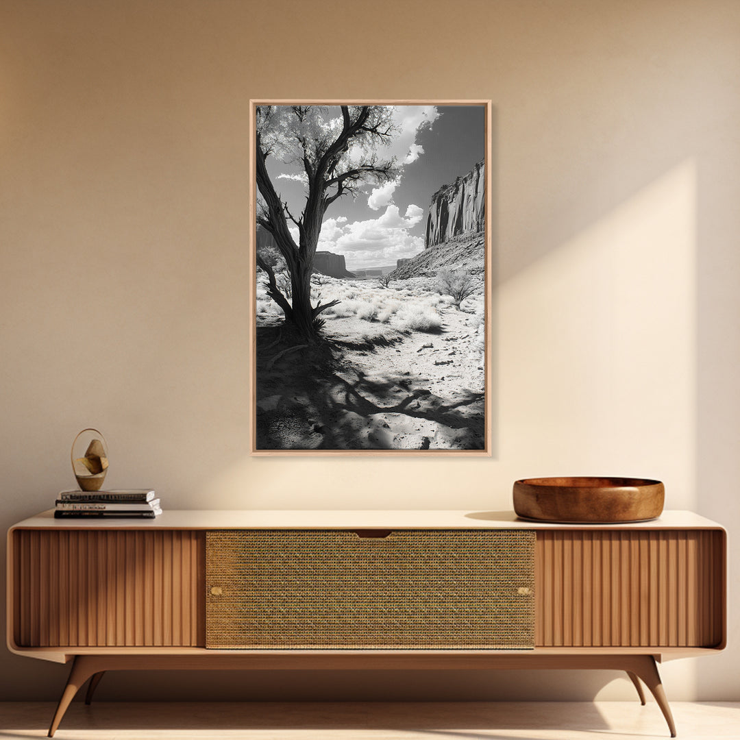 Desert landscape, Joshua tree art, western wall art, framed canvas print, southwest decor, black and white nature, rustic desert scene