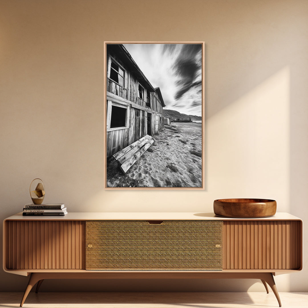 Rustic barn, farmhouse art, abandoned building, vintage Christmas, moody art, black and white wall art, wabi sabi wall art, framed canvas print