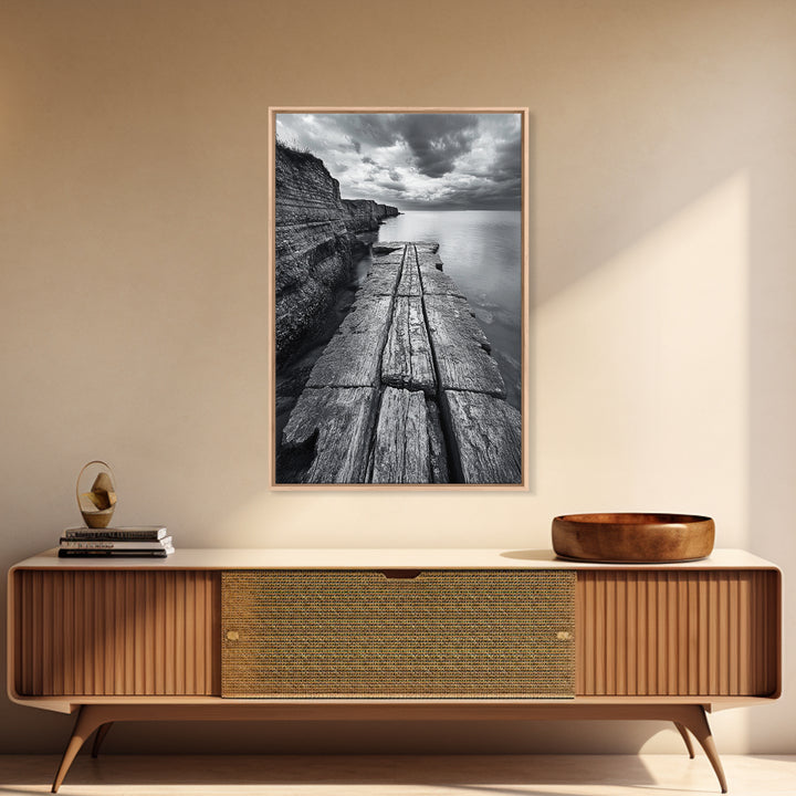 Cliffside view, nautical decor, rustic photography, seascape painting, wabi sabi art, black and white art, canvas print, above sofa art