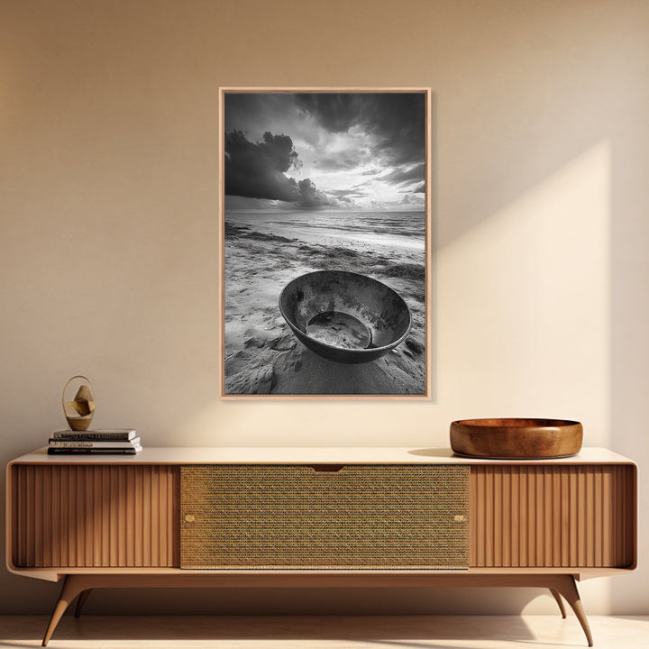 Beach bowl, wabi sabi wall art, coastal decor, moody art, minimalist art, black and white photography, framed canvas print, extra wide art