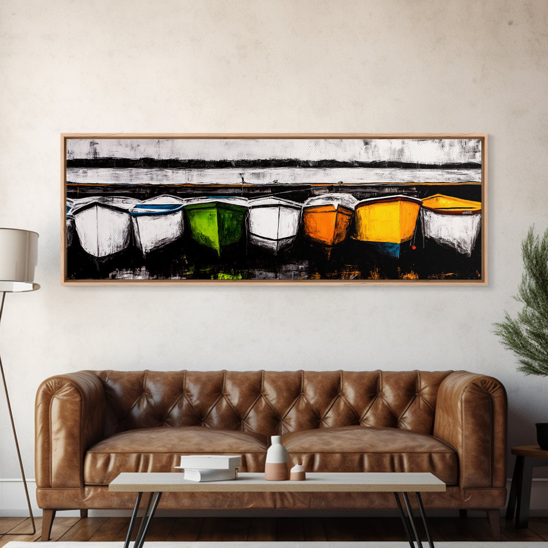 Boats at Dock, nautical painting, coastal wall art, rustic art, extra wide art, panoramic painting, above sofa art, Canvas Print