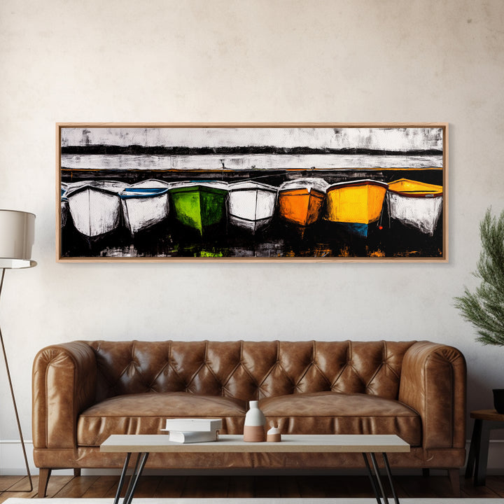 Boats at Dock, nautical painting, coastal wall art, rustic art, extra wide art, panoramic painting, above sofa art, Canvas Print